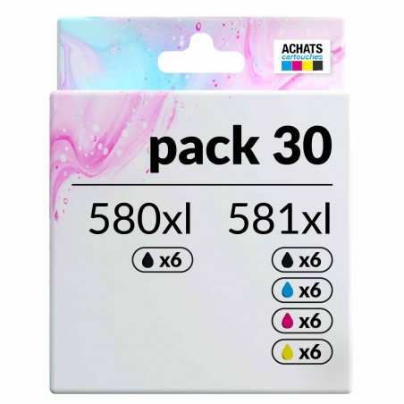 Pack de 30 encres compatibles Canon PGI-580XXL CLI-581XXL Noir, Jaune,  Cyan, Magenta