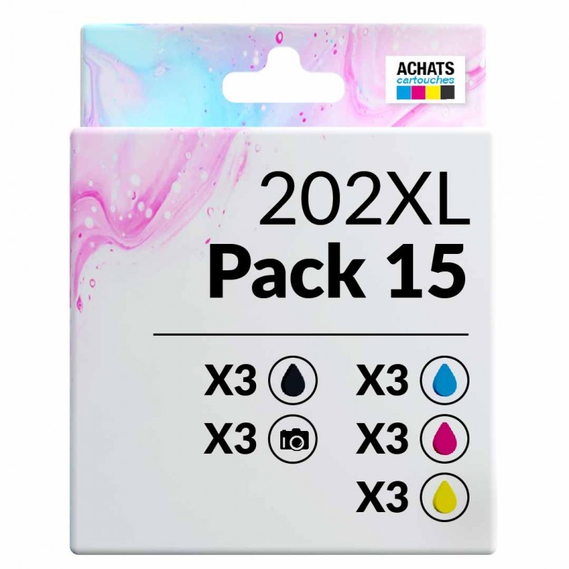 Pack de 15 cartouches compatibles 202XL Epson 3 noirs photo, 3 noirs, 3 cyan, 3 magenta, 3 jaune