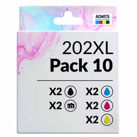 Pack de 10 cartouches compatibles 202XL Epson 2 noirs photo, 2 noirs, 2 cyan, 2 magenta, 2 jaune