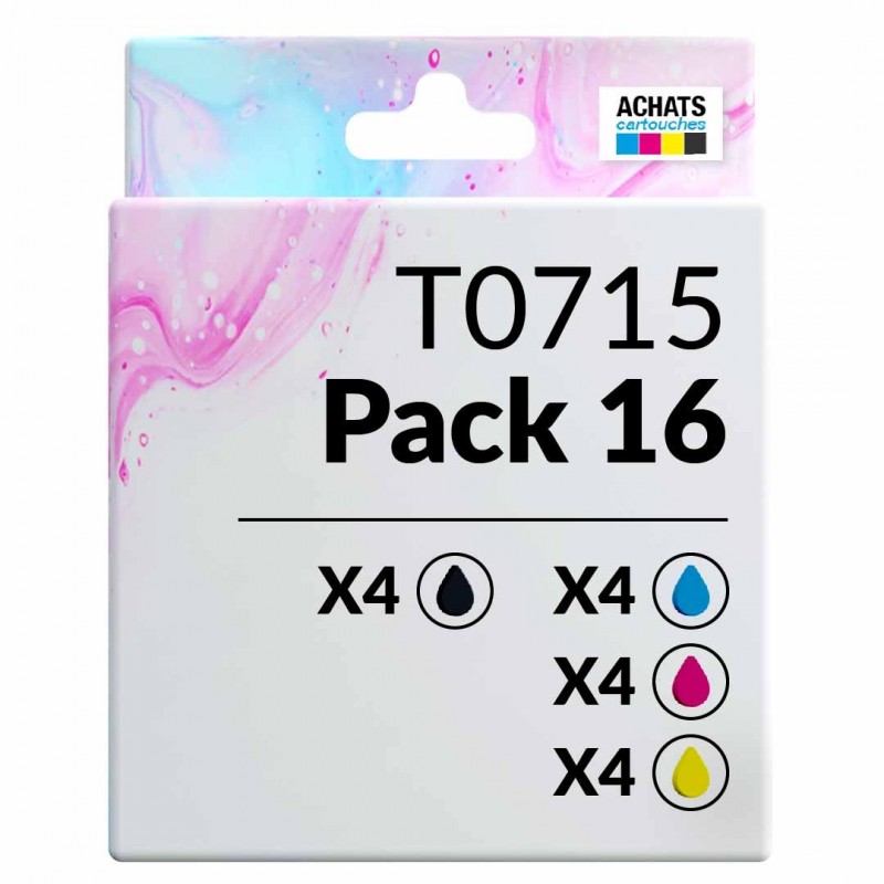 Pack de 16 cartouches compatibles T0715 Epson 4 noirs, 4 cyan, 4 magenta, 4 jaune