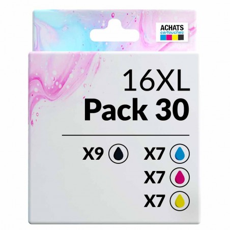 Pack de 30 cartouches compatibles 16XL Epson 9 noirs, 7 cyan, 7 magenta, 7 jaune