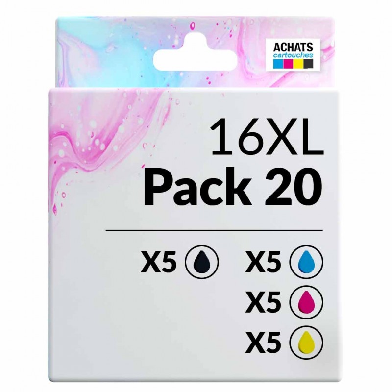 Pack de 20 cartouches compatibles 16XL Epson 5 noirs, 5 cyan, 5 magenta, 5 jaune