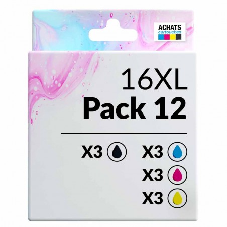 Pack de 12 cartouches compatibles 16XL Epson 3 noirs, 3 cyan, 3 magenta, 3 jaune