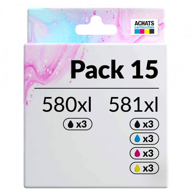 compatible Canon PGI-580 CLI-581 Pack de 15 cartouches d'encre Noir, Noir pigmenté , Cyan , Magenta , Jaune