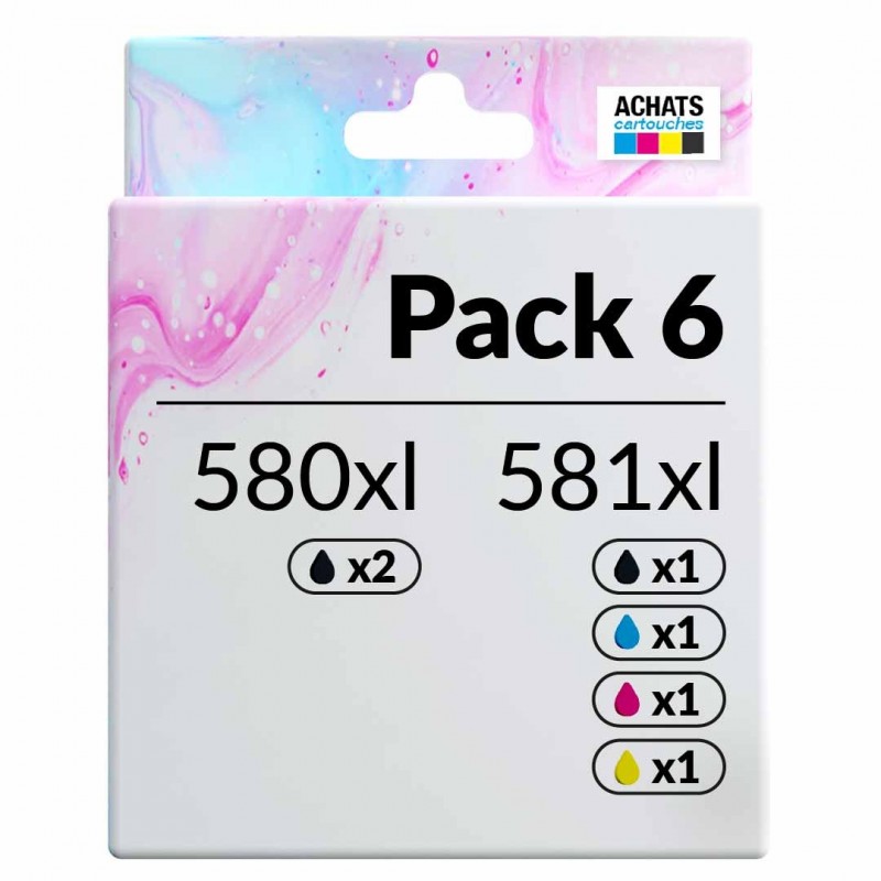 compatible Canon PGI-580 CLI-581 Pack de 6 cartouches d'encre Noir, Noir pigmenté , Cyan , Magenta , Jaune